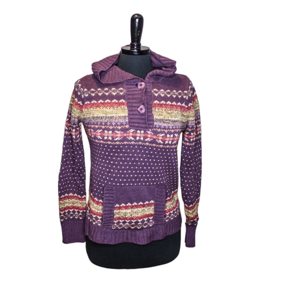 Tiara Fair Isle Sweater Hooded Pullover Pouch Pocket Purple Size M
